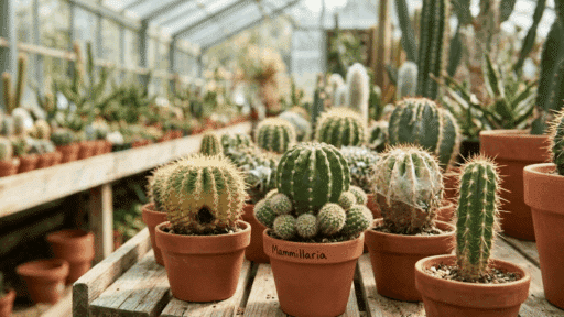 variety of potted cacti in a greenhouse showing healthy and unhealthy plants for propagation selection.