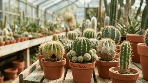 variety of potted cacti in a greenhouse showing healthy and unhealthy plants for propagation selection.