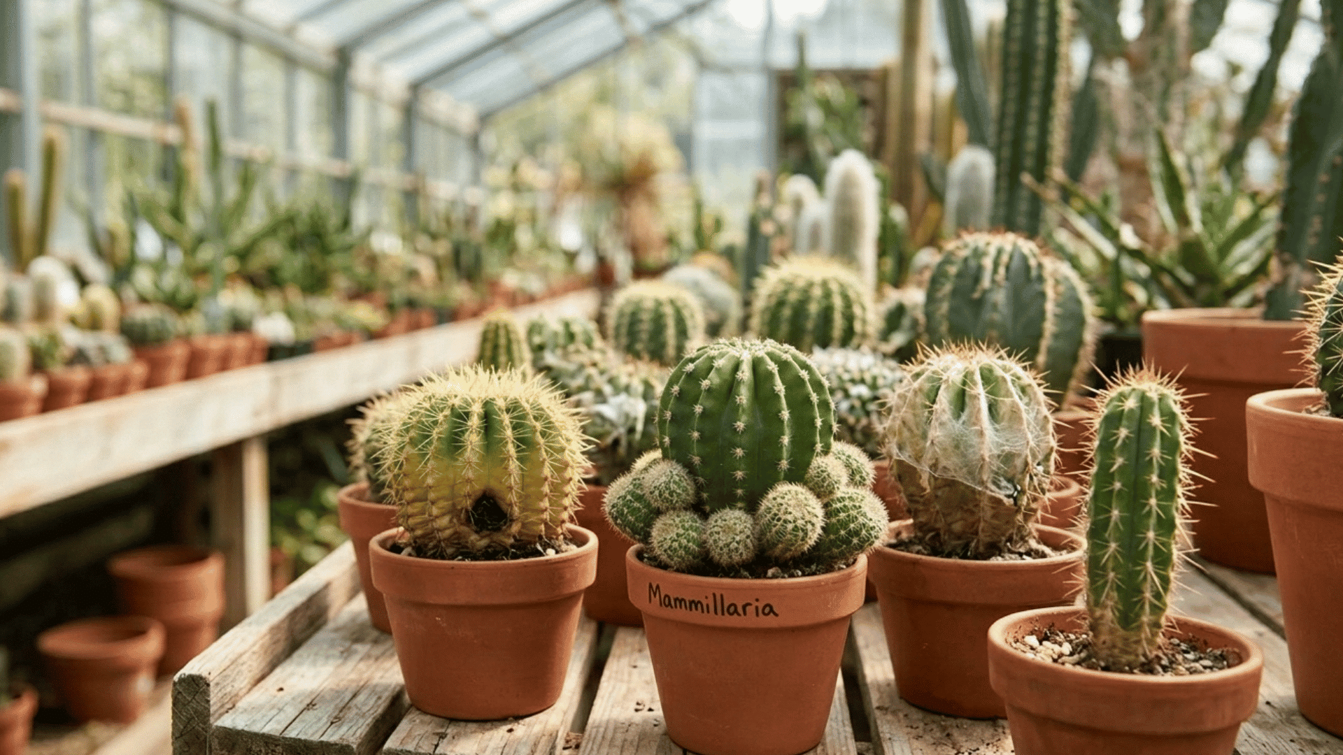 variety of potted cacti in a greenhouse showing healthy and unhealthy plants for propagation selection.