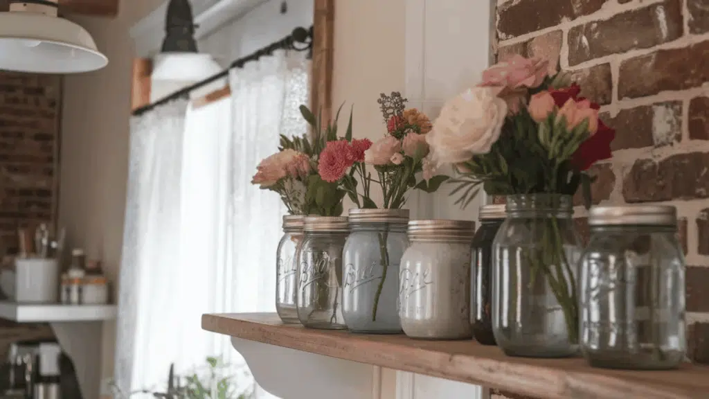 vases with flowers arranged on a shelf in a rustic kitchen