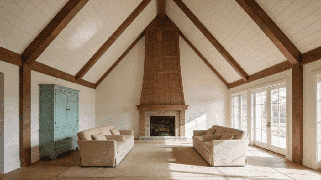 vaulted farmhouse family room with central wood fireplace and beige seating