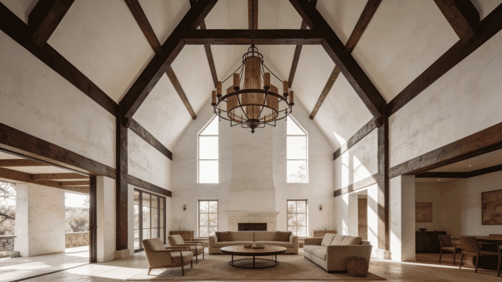 vaulted farmhouse living room with wood beams and large metal chandelier over neutral seating