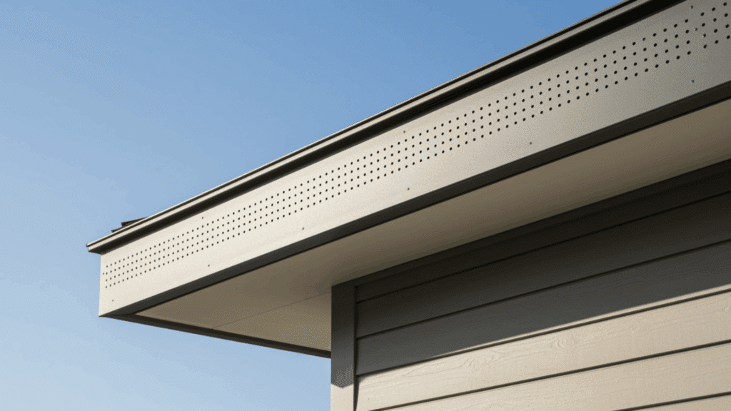 vented soffit under a roof eave with small perforations, allowing airflow for attic ventilation in a modern home exterior setting.