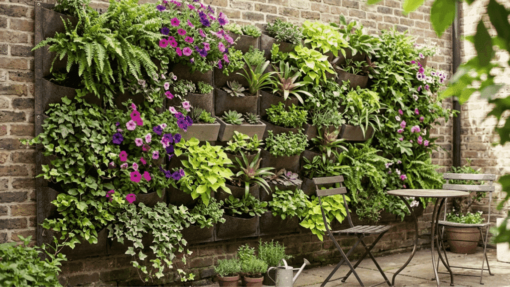 vertical garden wall with colorful plants and flowers on brick wall in small patio garden.