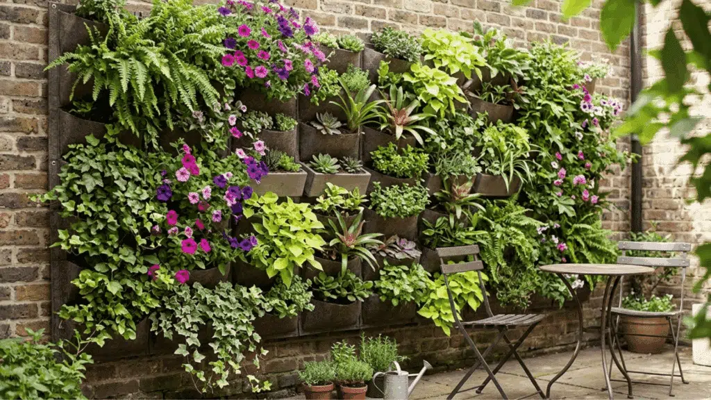 vertical garden wall with colorful plants and flowers on brick wall in small patio garden.