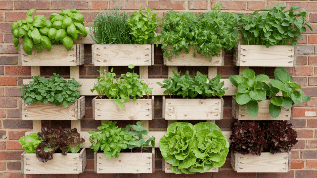 vertical wall garden with wood planter boxes mounted on brick wall growing herbs lettuce basil mint and leafy greens in rows