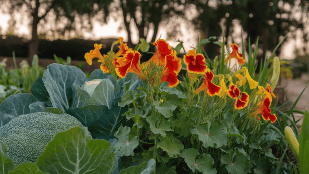 vibrant nasturtium flowers growing beside cabbage broccoli and cucumber plants acting as a trap crop to draw aphids and whiteflies away from vegetables