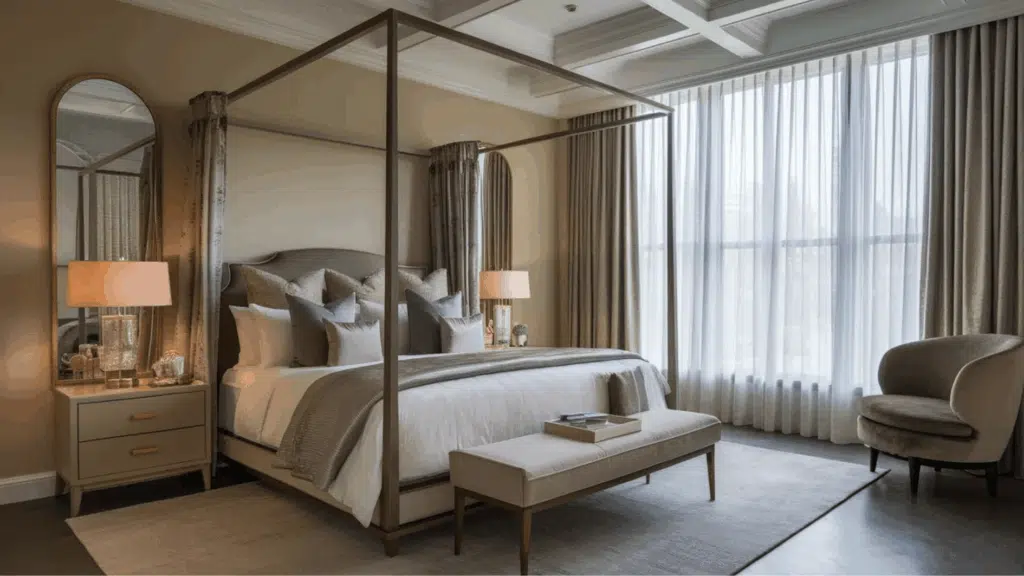 victorian style canopy over a king sized bed in a master bedrooom