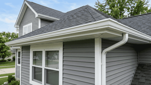 view of house roof edge showing fascia soffit and gutter with gray siding and shingles on suburban home