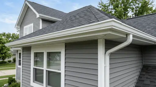view of house roof edge showing fascia soffit and gutter with gray siding and shingles on suburban home