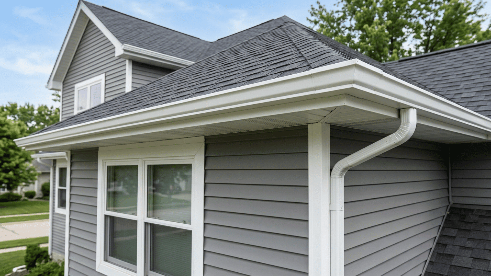 view of house roof edge showing fascia soffit and gutter with gray siding and shingles on suburban home