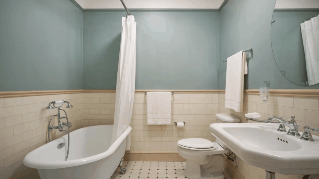 vintage-inspired bathroom with a freestanding tub, white subway tile, and soft green walls