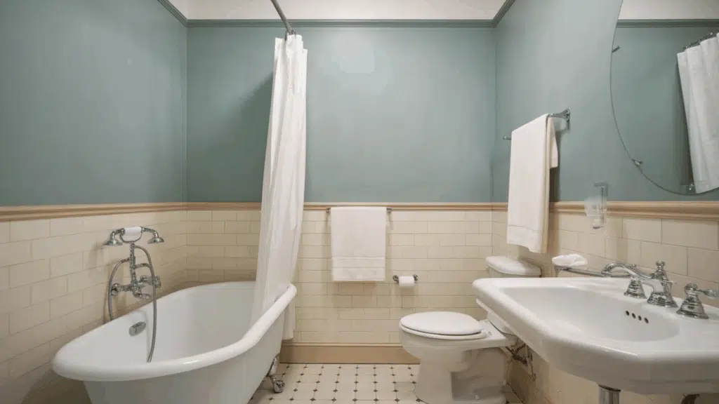 vintage-inspired bathroom with a freestanding tub, white subway tile, and soft green walls