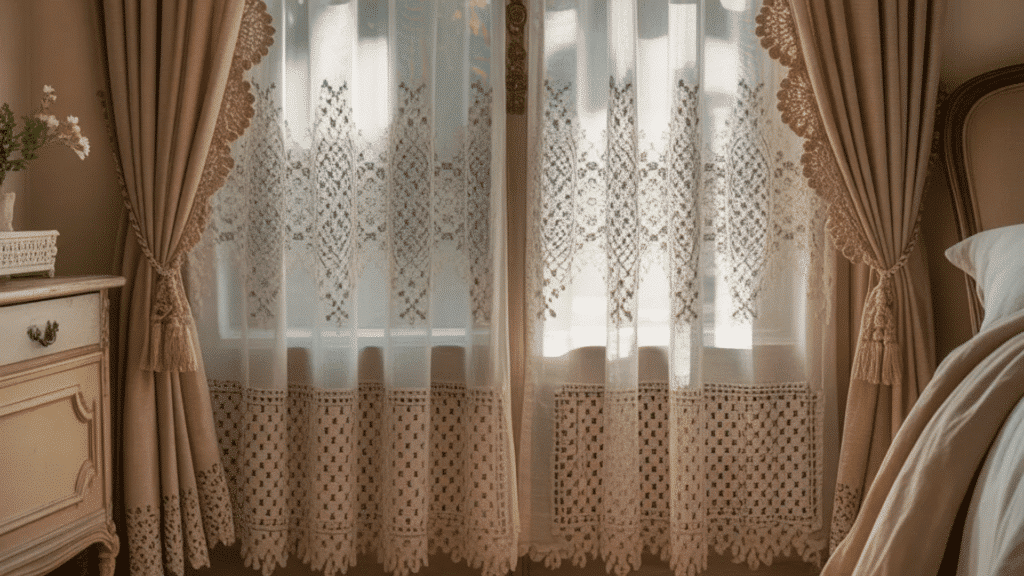 vintage lace charm curtains with delicate patterns, softly filtering sunlight in a cozy French country bedroom