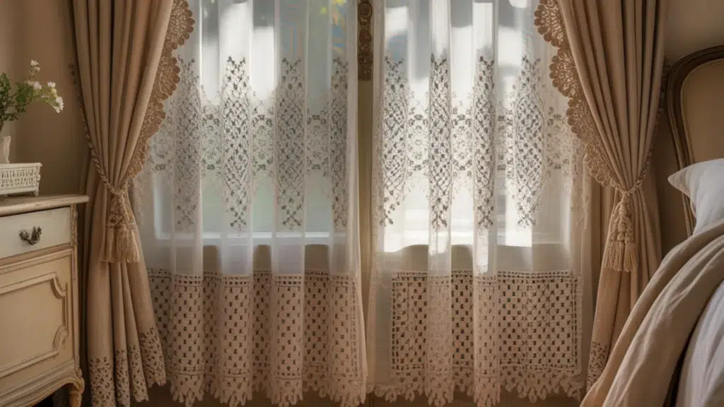 vintage lace charm curtains with delicate patterns, softly filtering sunlight in a cozy French country bedroom