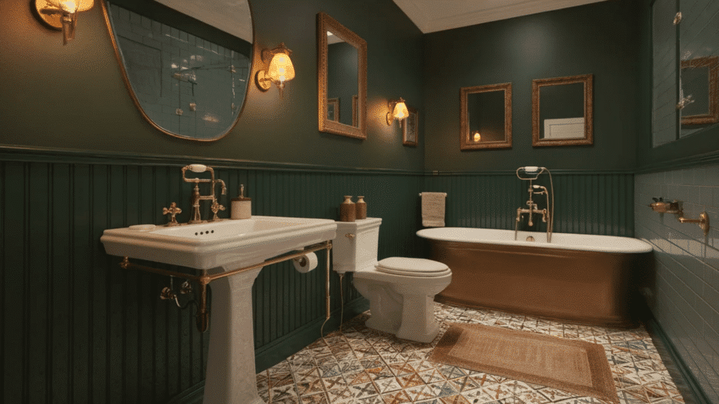 vintage-style bathroom with dark green walls, pedestal sink, toilet, and a freestanding brass soaking tub on patterned tile flooring