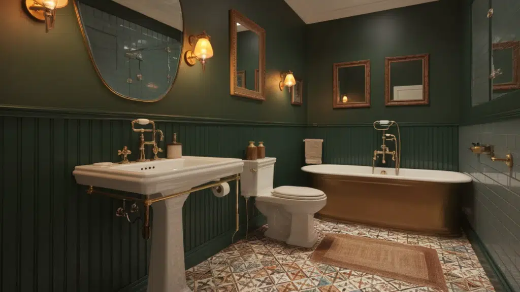 vintage-style bathroom with dark green walls, pedestal sink, toilet, and a freestanding brass soaking tub on patterned tile flooring