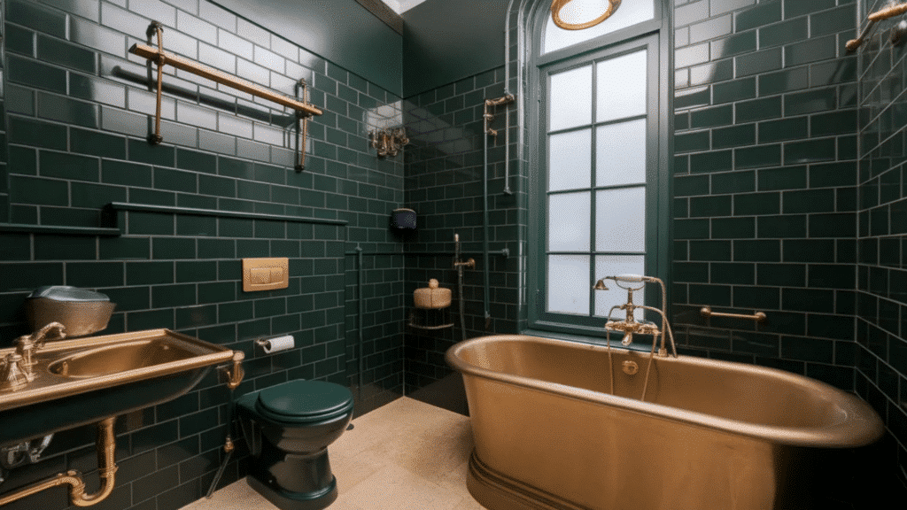 vintage style bathroom with glossy dark green subway tiles, a brass freestanding tub with ornate fixtures, matching brass sink, green toilet, and an arched window with frosted glass