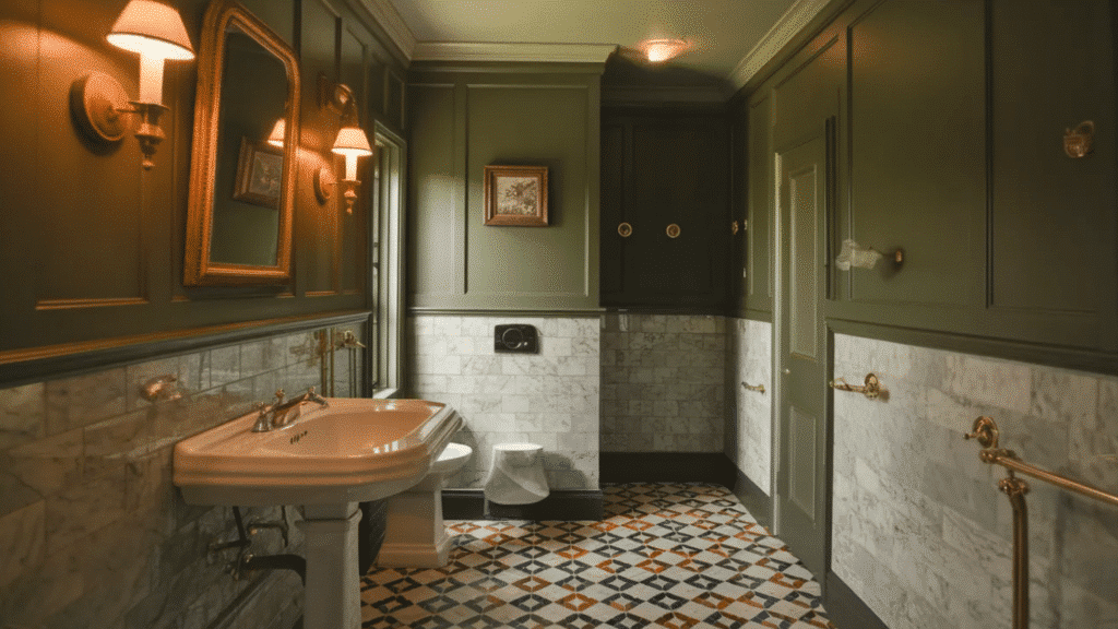 vintage style bathroom with olive green paneled walls, marble wainscoting, patterned mosaic tile floor, brass fixtures, pedestal sink, wall sconces, and a framed mirror