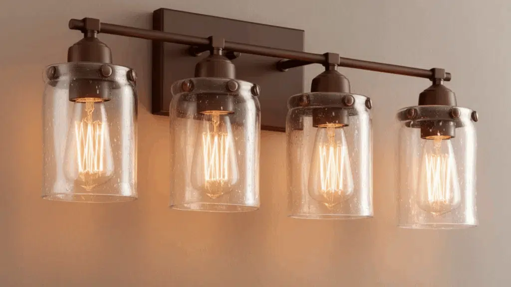 vintage-style light fixture with clear glass shades and exposed filament bulbs