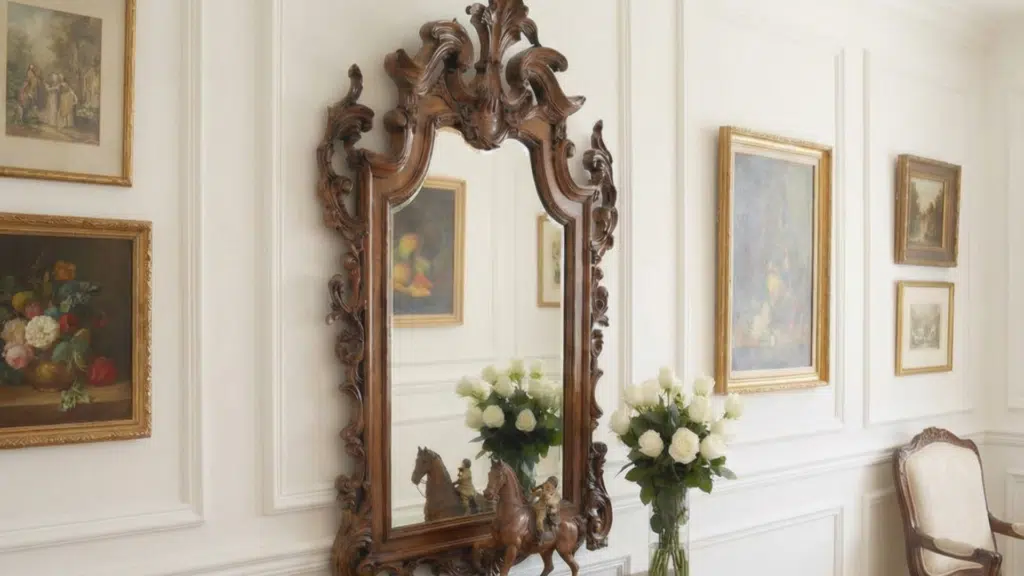 vintage wooden mirror with a horse figurine