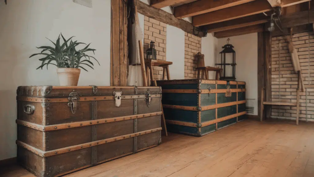 vintage wooden trunks with a plant and stools in a rustic room