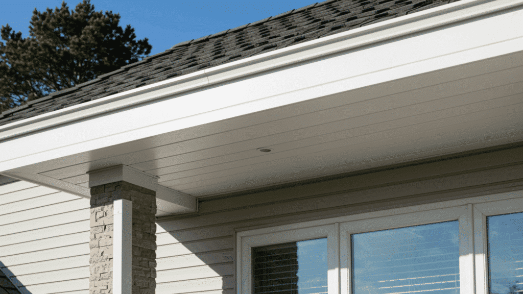 vinyl soffit panels under a residential roof, clean white finish with low maintenance design and modern exterior appeal.