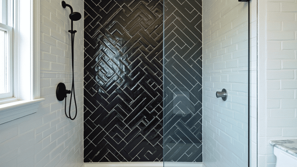 walk-in shower with glossy black herringbone tile wall, white subway tile surround and frameless glass door