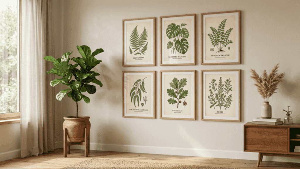 wall with botanical prints wooden frames soft colors indoor plants and warm lighting creating a fresh and calm cottage look (1)