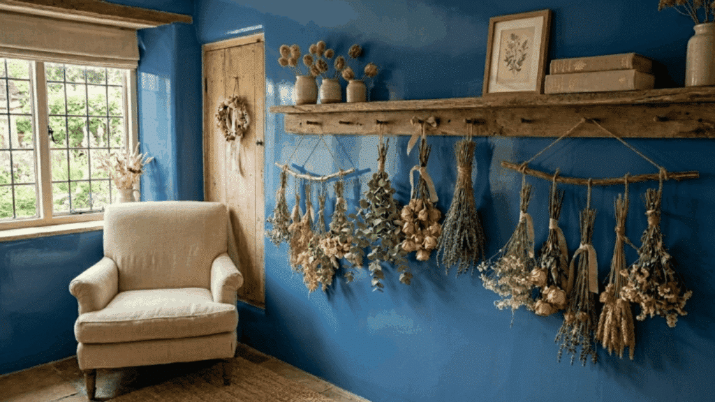 wall with hanging dried flowers soft tones warm lighting and natural cottage decor creating a calm and cozy atmosphere