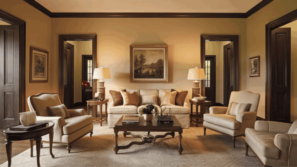 warm beige walls with dark wood trim in a classic living room, traditional furniture, soft lighting, and balanced decor