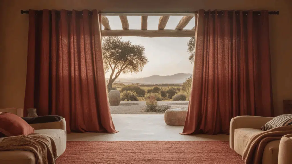 warm earth-tone cotton curtains in terracotta and sand hues, softly filtering light in a cozy, rustic living room