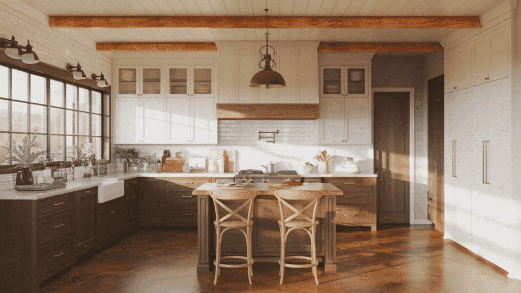 warm farmhouse stained concrete floors with two-tone cabinets
