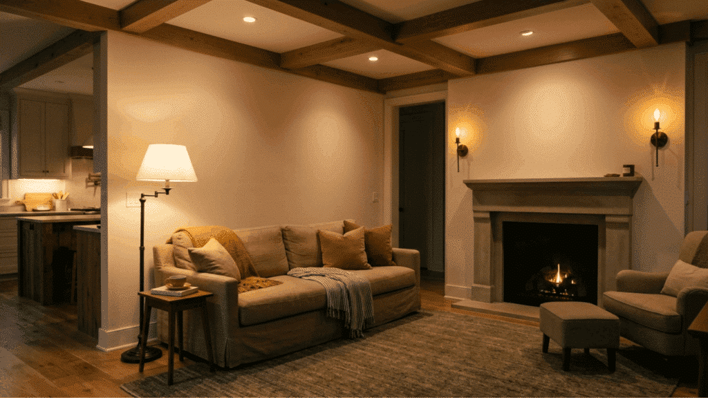 warm keeping room with a tan sofa, glowing fireplace, and wooden ceiling beams adjacent to a dimly lit kitchen area