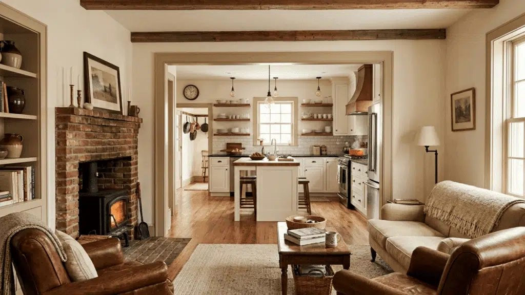warm keeping room with brick fireplace, leather chairs, and tan sofa opening into a bright white kitchen with an island