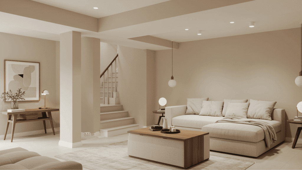 warm off white basement walls with matching trim, neutral sofa setup, wood accents, and soft lighting for a cozy feel