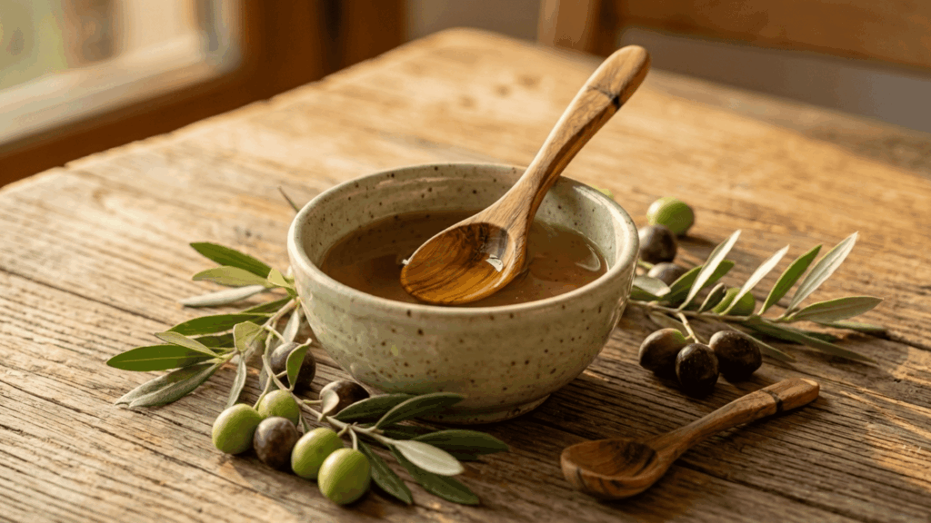 warm olive oil in a ceramic bowl with a wooden spoon and fresh olive branches with olives arranged around it on a wooden surface