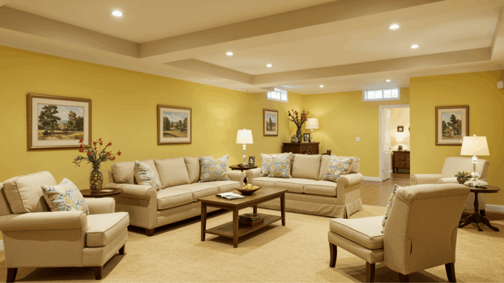 warm soft yellow basement walls with white trim, cozy seating setup, classic decor, and bright, inviting atmosphere