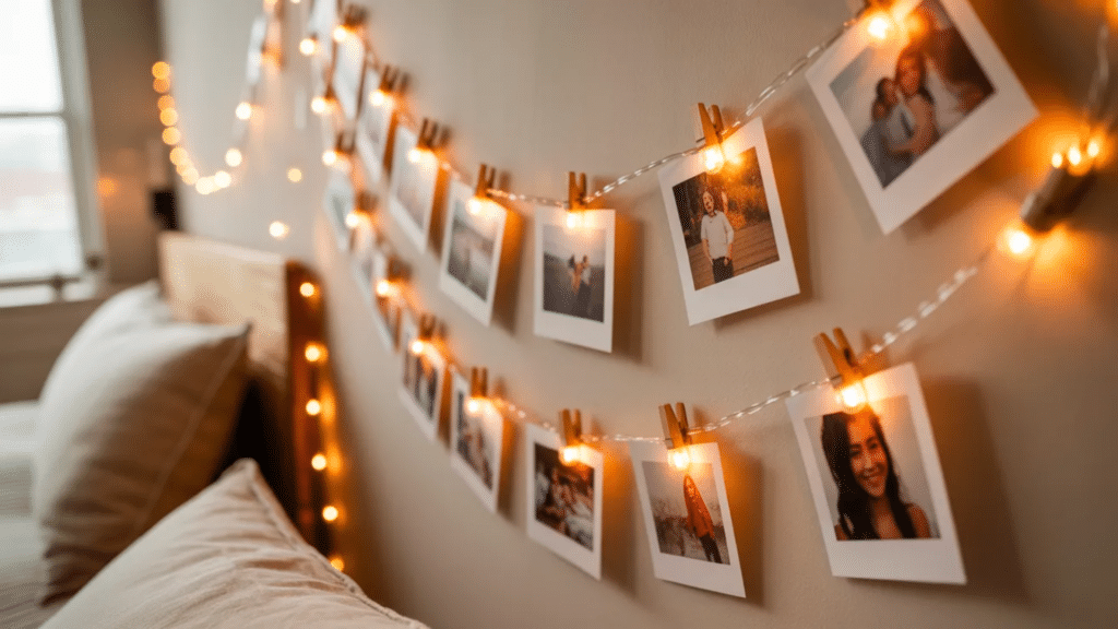 warm string lights with clipped photos arranged along a wall above a bed, creating a cozy, nostalgic display with soft glowing ambiance