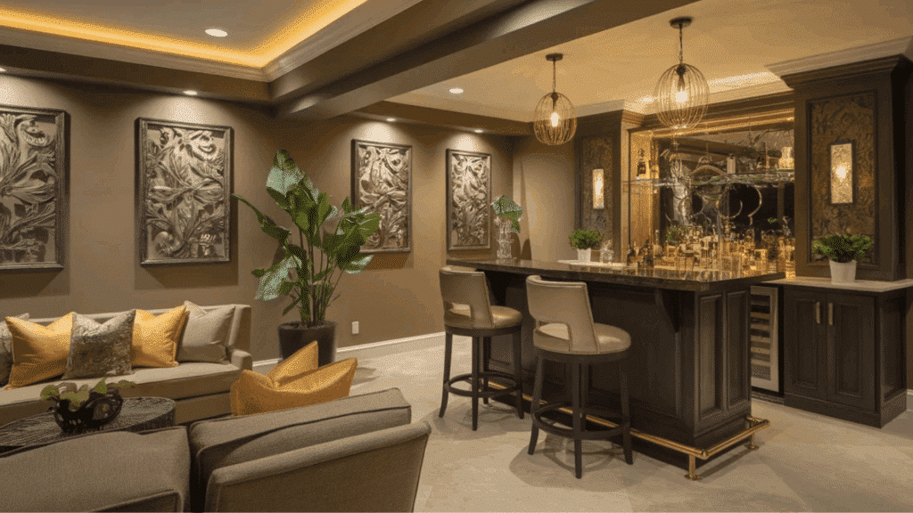 warm taupe basement walls with white trim, cozy bar setup, soft lighting, and rich wood accents in an inviting space