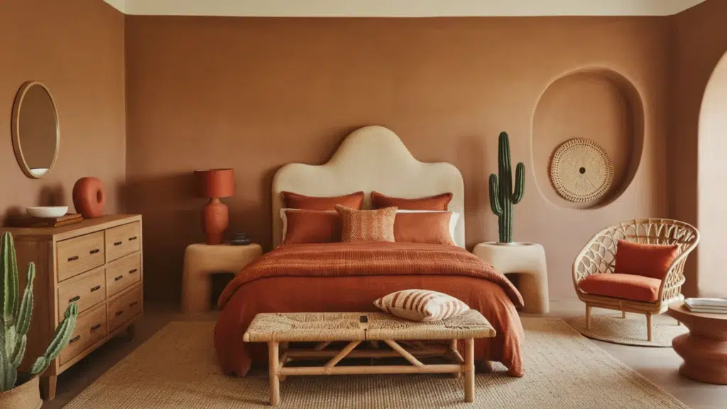 warm terracotta bedroom with rust colored bedding, curved headboard, woven bench, and cactus decor