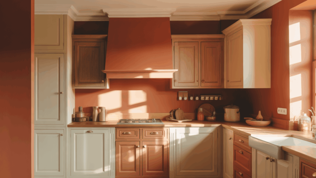 warm terracotta kitchen with cream cabinets, wooden island, and natural sunlight.