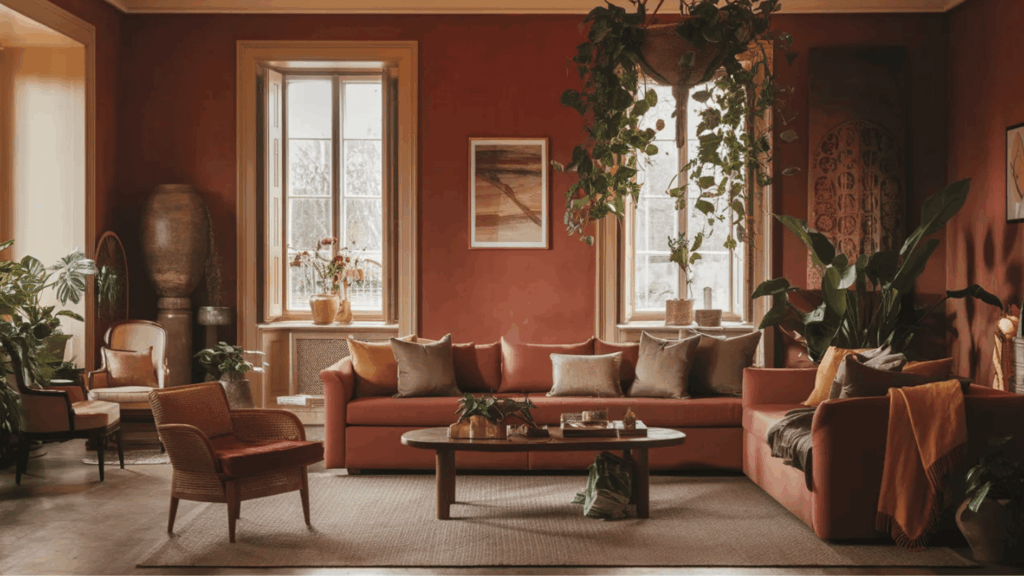 warm terracotta living room with white decorative wall trim, indoor plants, cozy sofa, and natural light from large windows