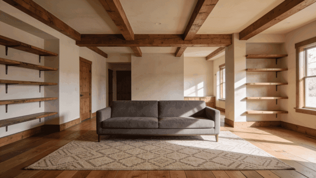 warm wood-toned farmhouse living room with gray sofa and patterned rug