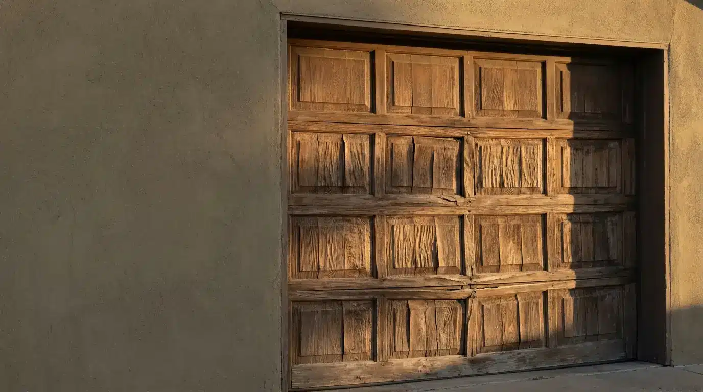 Wooden garage door with a weathered texture in warm evening light