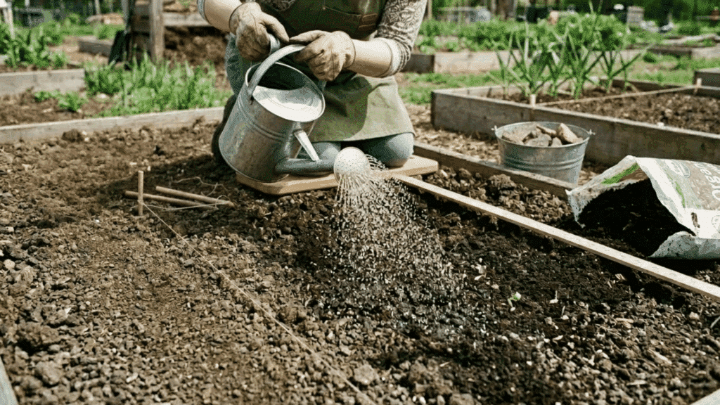 watering freshly planted pea seeds in garden bed with a watering can.