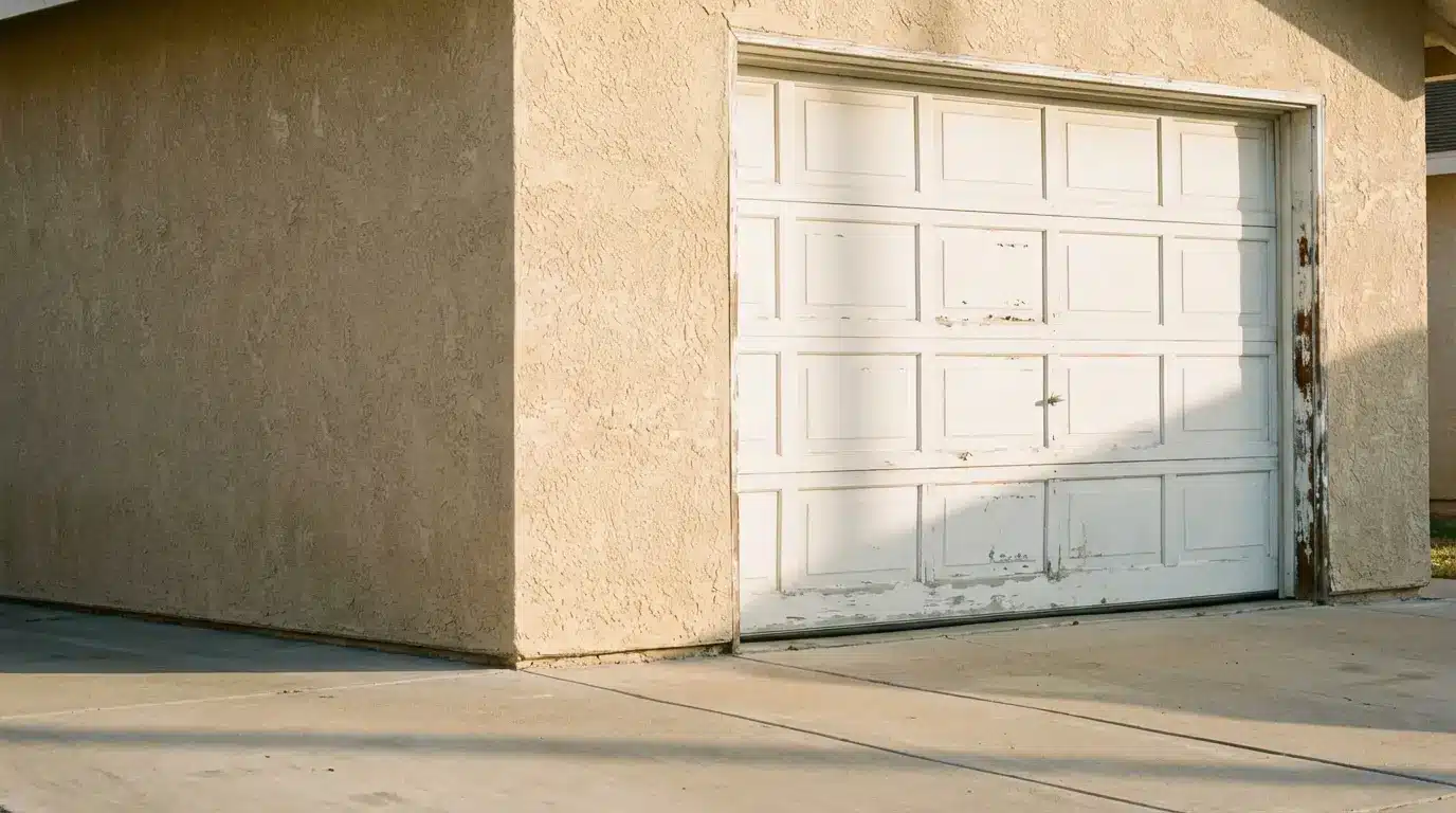 Weathered garage door with peeling paint in sunlight on concrete driveway