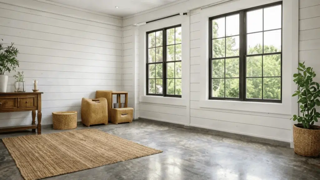 weathered gray farmhouse stained concrete floors with shiplap walls