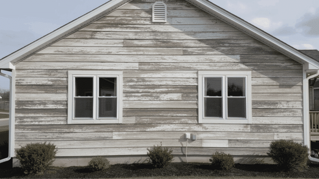 weathered white shiplap siding on house exterior with visible fading, discoloration, and maintenance issues around windows and trim