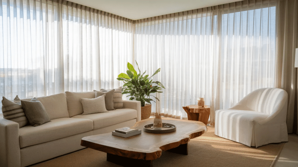 whisper-light sheer curtains softly diffusing sunlight through a bright window, creating an airy and minimal look in a modern room